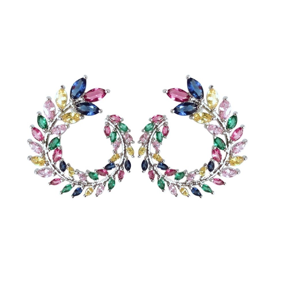 V3 Jewelry Silvertone with Multi Color Marquise Shape CZ Swirl Stud Earring